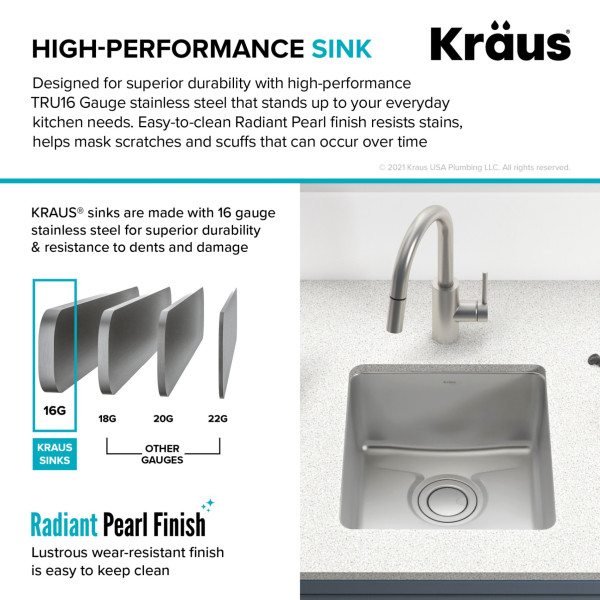 Kraus KD1US17B Dex™ 17-Inch Undermount Single Bowl TRU16 Gauge Stainless Steel 