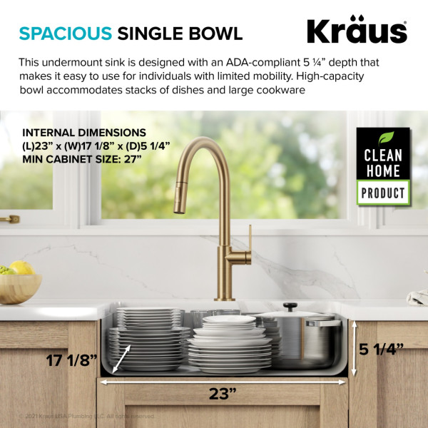Kraus KA1AS25B Dex 25” Undermount 16 Gauge Stainless  Single ADA Kitchen Sink