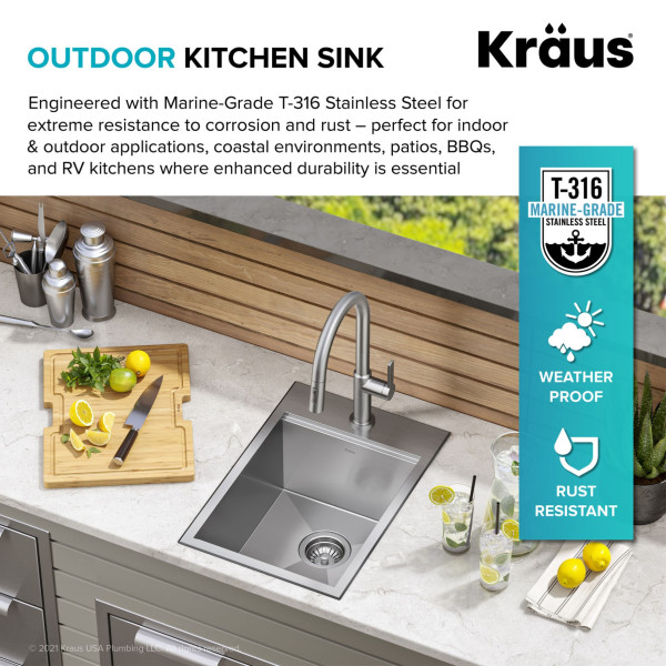 Kraus KWT311-15-316 Outdoor Workstation Stainless Kitchen Bar Sink + Accessories