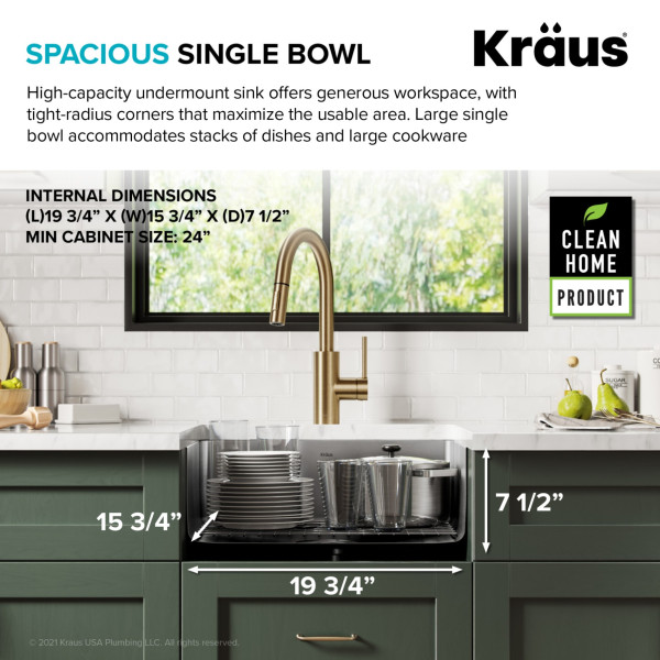 Kraus KA1US21B Dex 21” Undermount 16 Gauge Stainless  Single Bowl Kitchen Sink