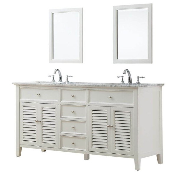 Direct Vanity Sink 6070D12-W 70" Pearl White Shutter Double Vanity Sink