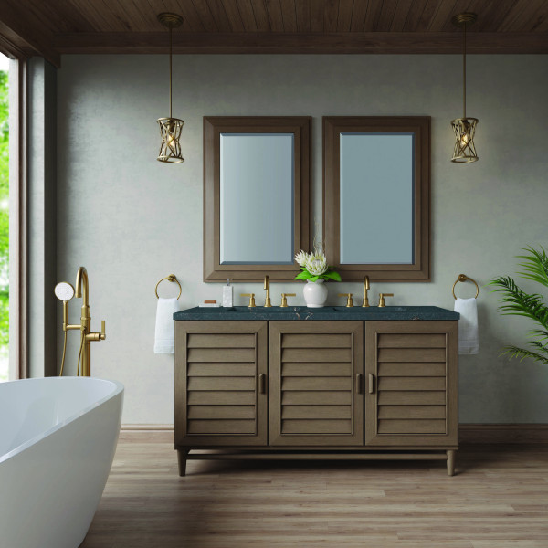 James Martin 620-V60D-WW-3PBL 60" Vanity Whitewashed Walnut w/ Parisien Bleu Top