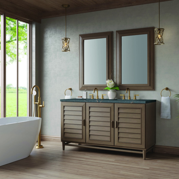 James Martin 620-V60D-WW-3PBL 60" Vanity Whitewashed Walnut w/ Parisien Bleu Top