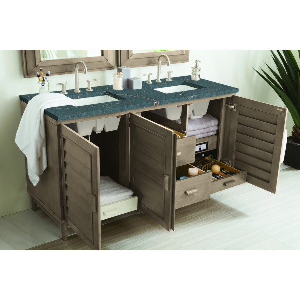 James Martin 620-V60D-WW-3PBL 60" Vanity Whitewashed Walnut w/ Parisien Bleu Top