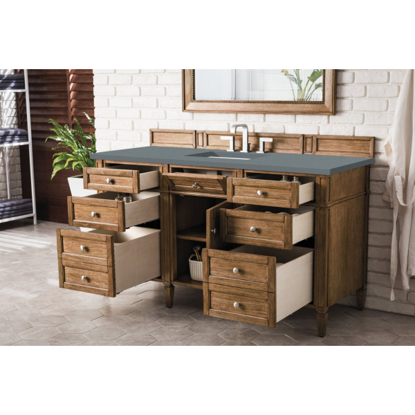 James Martin 650-V60S-SBR-3 Brittany 60" Saddle Brown Single Vanity Quartz Top