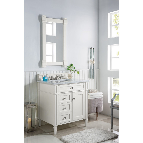 James Martin 655-V30-BW-3CAR Bright White Single Vanity With Carrara Marble Top