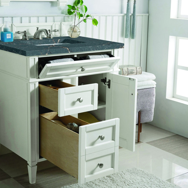 James Martin 655-V30-BW-3PBL Bright White Vanity With Parisien Bleu Quartz Top