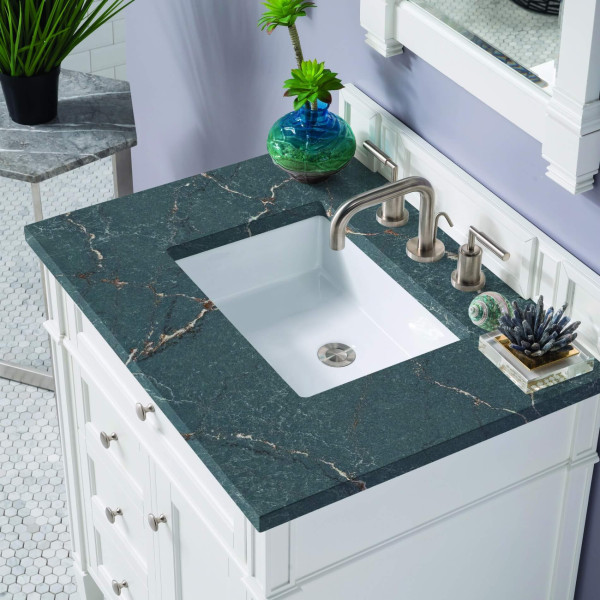 James Martin 655-V30-BW-3PBL Bright White Vanity With Parisien Bleu Quartz Top
