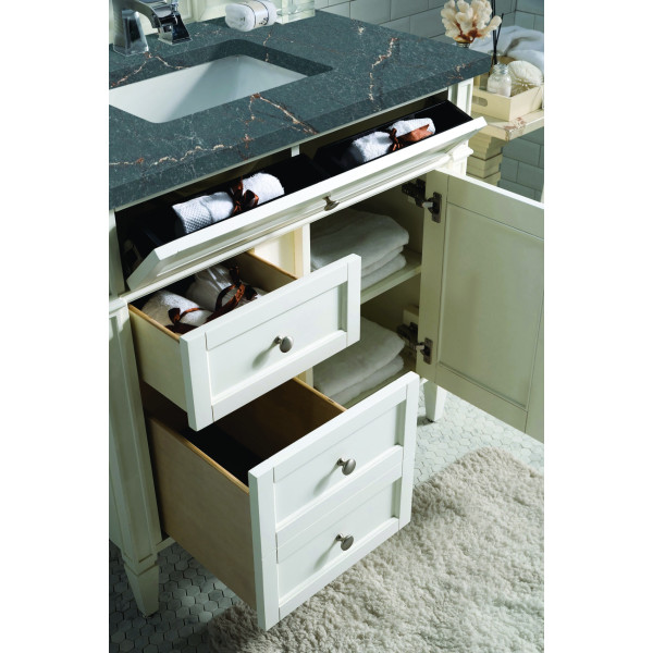James Martin 655-V36-BW-3PBL Bright White Single Vanity Parisien Bleu Quartz Top