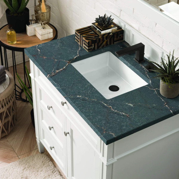 James Martin 655-V36-BW-3PBL Bright White Single Vanity Parisien Bleu Quartz Top