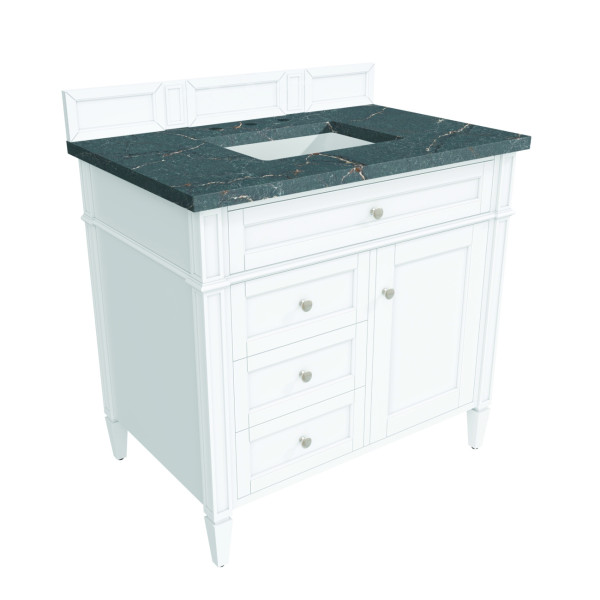 James Martin 655-V36-BW-3PBL Bright White Single Vanity Parisien Bleu Quartz Top