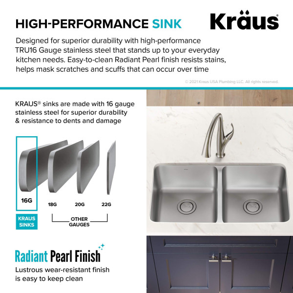 Kraus KA1UD33B Dex 33” Undermount 16 Gauge Stainless  Double Bowl Kitchen Sink