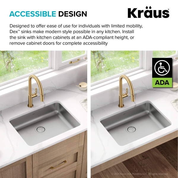 Kraus KA1AS25B Dex 25” Undermount 16 Gauge Stainless  Single ADA Kitchen Sink