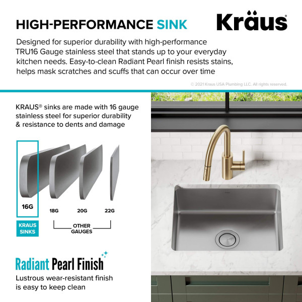 Kraus KA1US21B Dex 21” Undermount 16 Gauge Stainless  Single Bowl Kitchen Sink