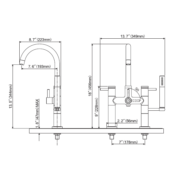 Cheviot 7512 Contemporary Rim Mount Bathtub Filler with Hand Shower