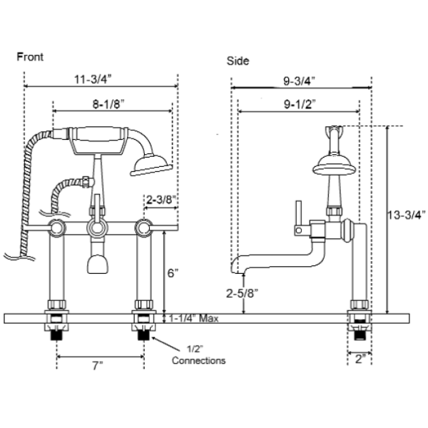 Barclay 7601-ML Deckmount Elephant Tub Filler With 7" Centers & Hand Shower