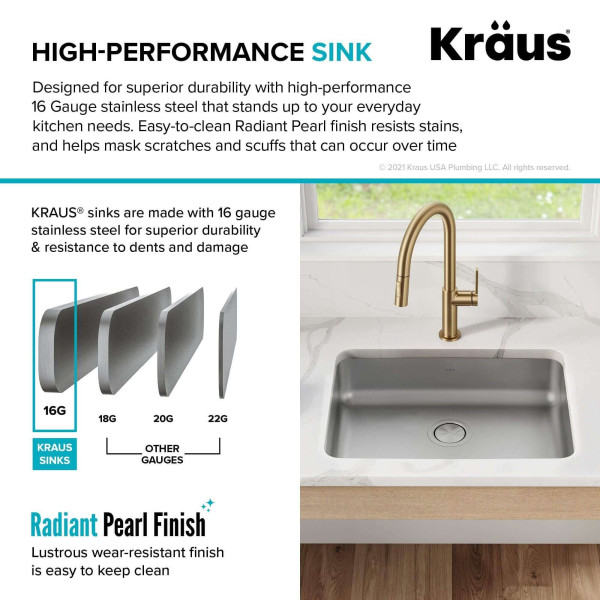 Kraus KA1AS25B Dex 25” Undermount 16 Gauge Stainless  Single ADA Kitchen Sink