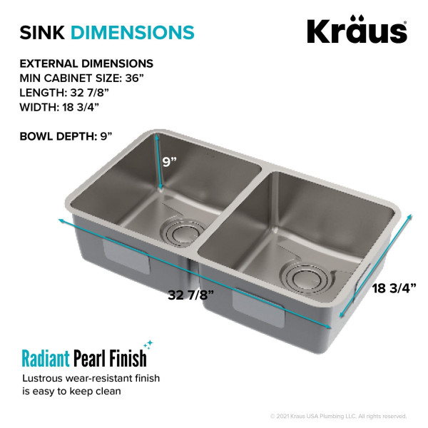 Kraus KD1UD33B Dex 33-Inch 50/50 Double TRU16 Gauge Stainless  Kitchen Sink