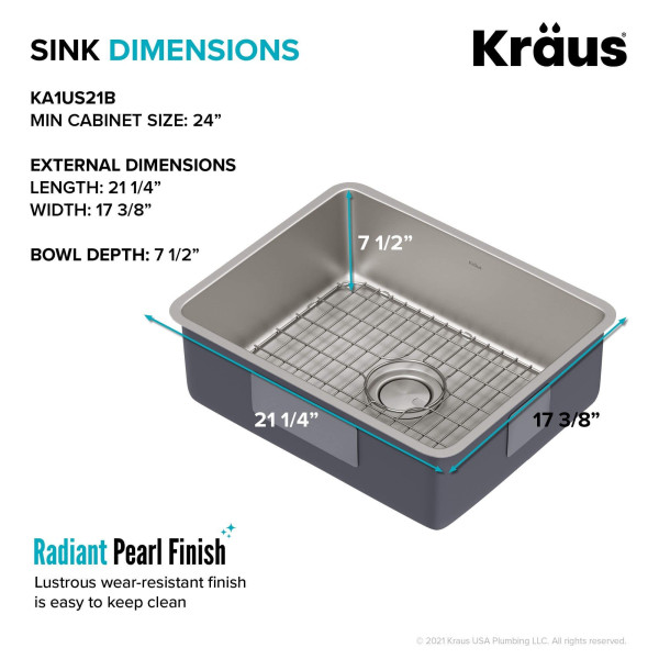 Kraus KA1US21B Dex 21” Undermount 16 Gauge Stainless  Single Bowl Kitchen Sink