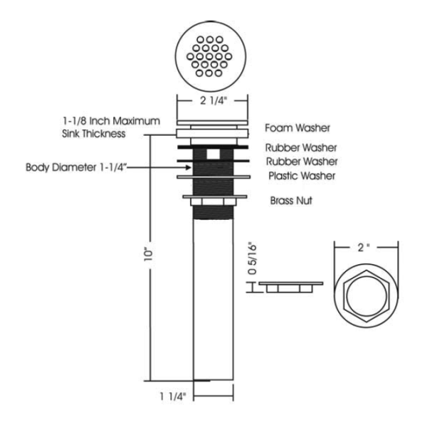 Rohl 7444 Slotted Grid Drain with 10" Tailpiece and Overflow Hole