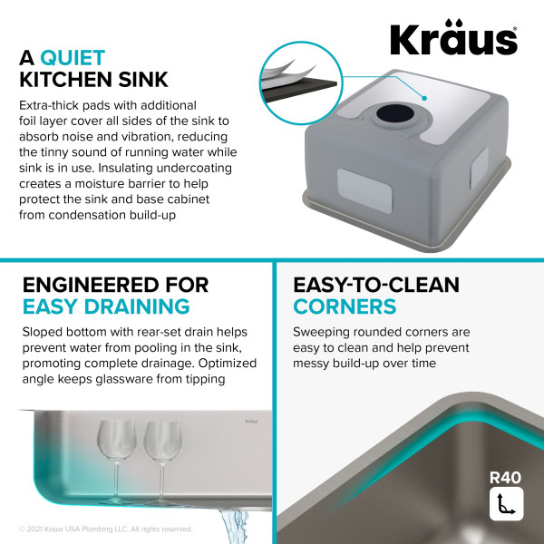 Kraus KD1US17B Dex™ 17-Inch Undermount Single Bowl TRU16 Gauge Stainless Steel 
