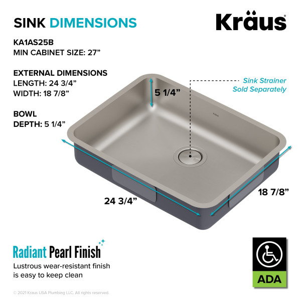 Kraus KA1AS25B Dex 25” Undermount 16 Gauge Stainless  Single ADA Kitchen Sink