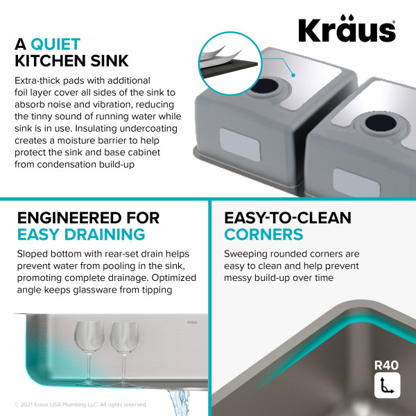 Kraus KD1UD33B Dex 33-Inch 50/50 Double TRU16 Gauge Stainless  Kitchen Sink