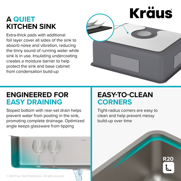 Kraus KA1US21B Dex 21” Undermount 16 Gauge Stainless  Single Bowl Kitchen Sink