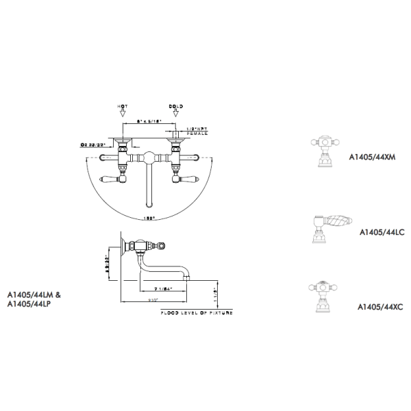 Rohl A1405/44LC-2 Crystal-Lever Vocca Wall Mount Bridge Lavatory Faucet