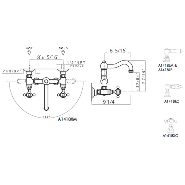 Rohl A1418LC-2 Acqui Wall Mounted Low Lead Bridge Lavatory Faucet