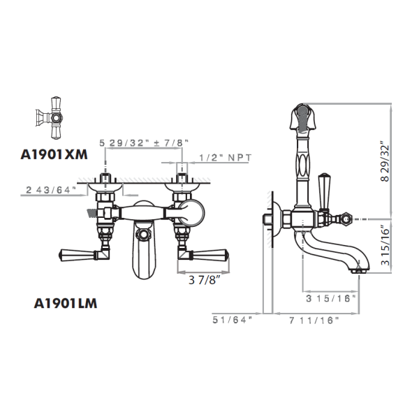 Rohl A1901XM Palladian Exposed Wall Mounted Tub Shower Mixer Handshower