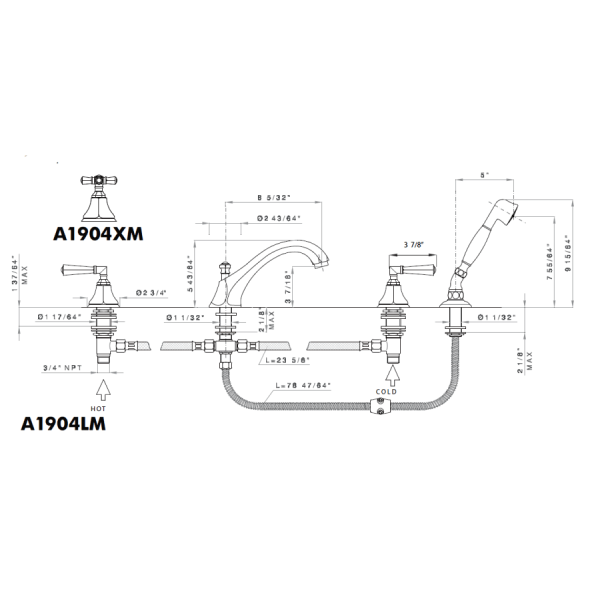 Rohl A1904LM Palladian Roman Tub Faucet with Single Function Hand Shower
