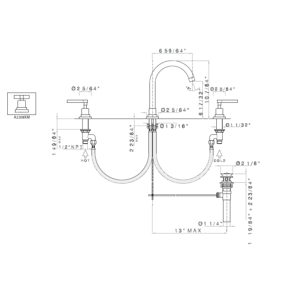 Rohl A2208LM-2 Lombardia C-Spout Low Lead Widespread Lavatory Faucet 