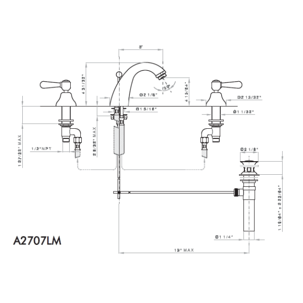 Rohl A2707LM-2 Verona 3 Holes Hi Arc C-Spout Widespread Lavatory Faucet