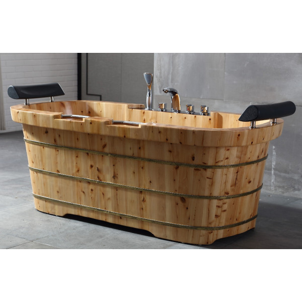 ALFI brand AB1130 65" 2 Person Free Standing Cedar Wood Bathtub with Fixtures & Headrests