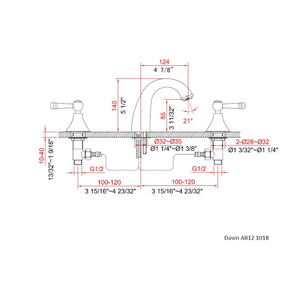 Dawn AB12-1018 3-Hole Widespread Lever Handles Solid Brass Lavatory Faucet