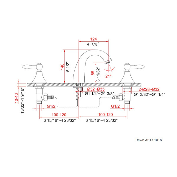 Dawn AB13-1018 3-Hole Widespread Lever Handles Solid Brass Lavatory Faucet