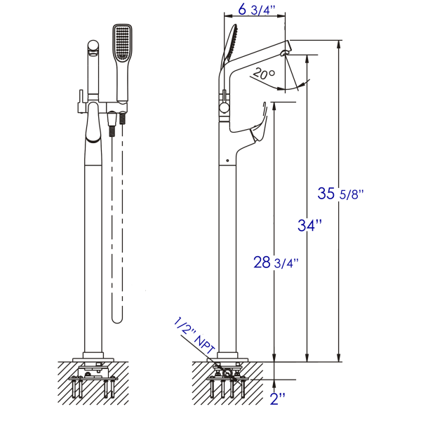 ALFI brand AB2758 Tub Filler + Mixer with Additional Hand Held Shower Head
