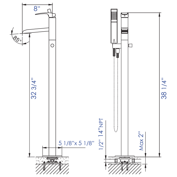 ALFI brand AB2843 Single Hole Floor Mounted Waterfall Tub Filler
