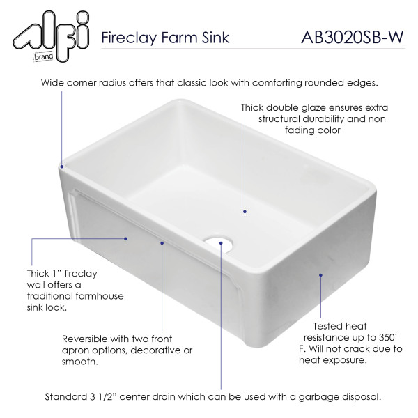 ALFI brand AB3020SB 30 inch Reversible Single Fireclay Farm Kitchen Sink