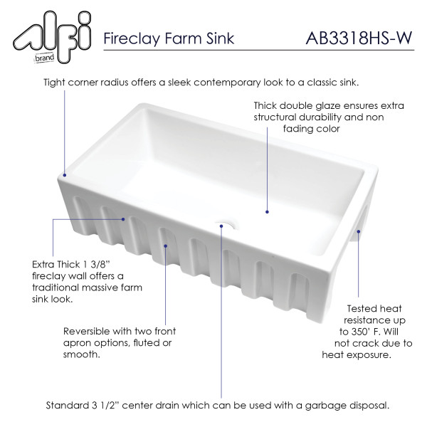 ALFI brand AB3318HS  Reversible Fluted / Smooth Fireclay Farm Sink