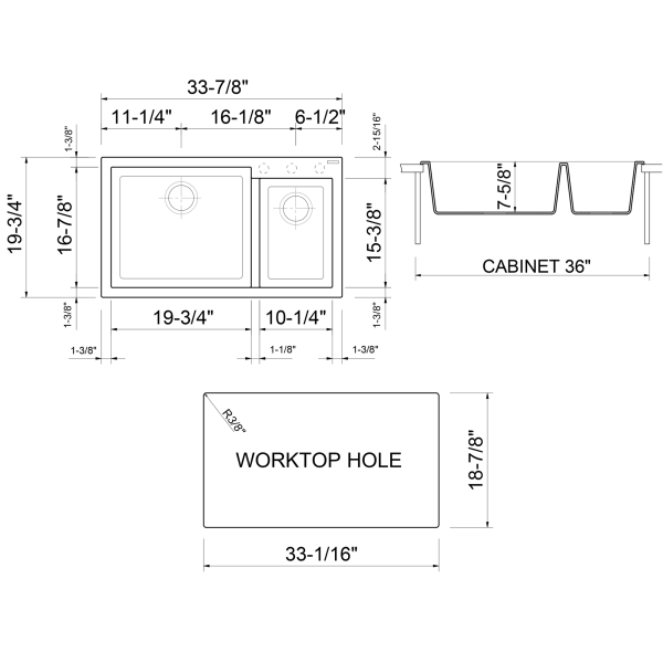 ALFI brand AB3319DI 34" Double Bowl Drop In Granite Composite Kitchen Sink