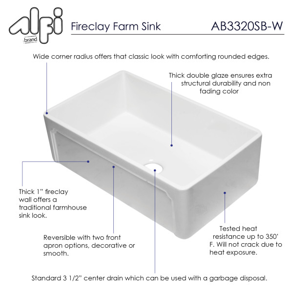 ALFI brand AB3320SB 33 inch Reversible Fireclay Farmhouse Kitchen Sink