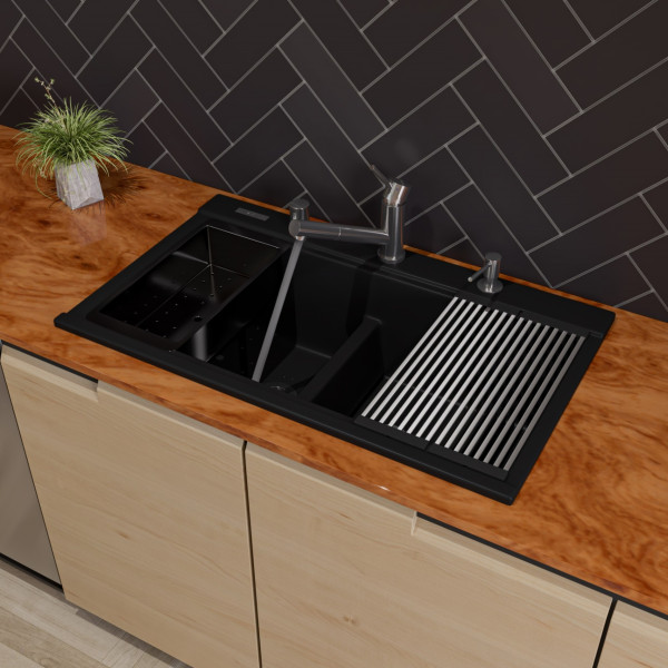ALFI brand AB3418DBDI Granite Composite Workstation Step Sink with Accessories