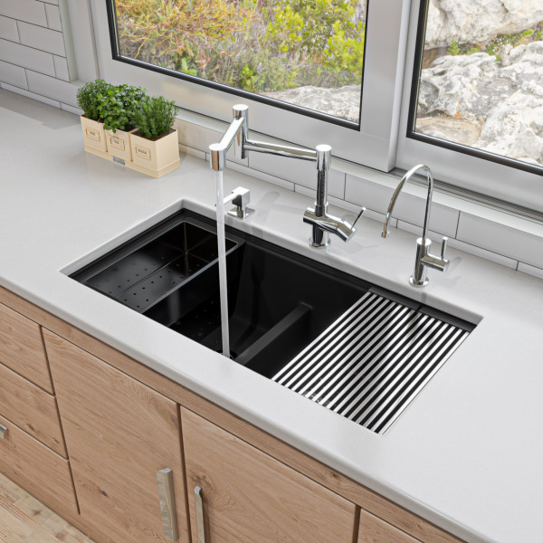 ALFI brand AB3418DBUM 33" Workstation Step Rim Double Bowl Sink with Accessories