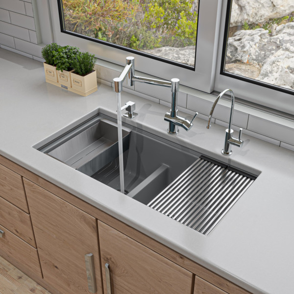 ALFI brand AB3418DBUM 33" Workstation Step Rim Double Bowl Sink with Accessories