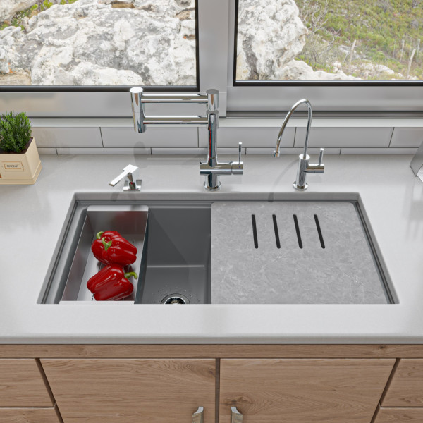 ALFI brand AB3418DBUM 33" Workstation Step Rim Double Bowl Sink with Accessories
