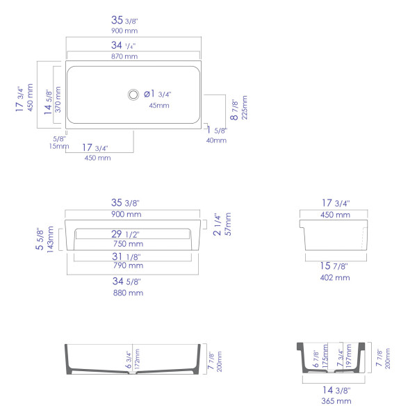 ALFI brand AB36TRGM 36" Grey Matte Above Mount Fireclay Bathroom Trough Sink