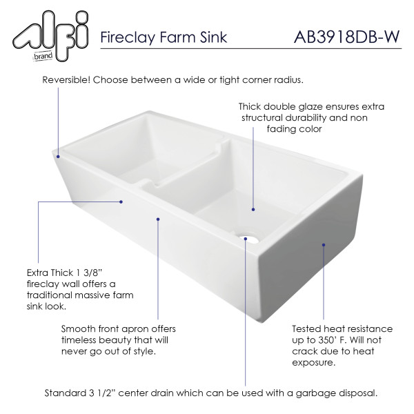 ALFI brand AB3918DB 39" Smooth Thick Wall Fireclay Double Bowl Farm Sink