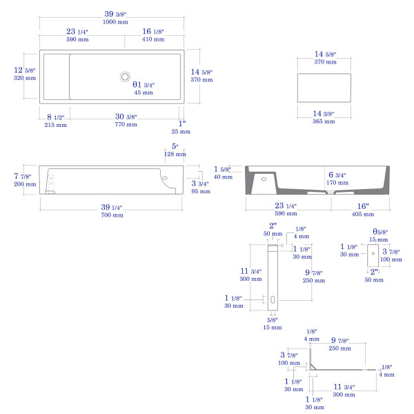 ALFI brand AB39TRGM 39" Grey Matte Above Mount Fireclay Bathroom Trough Sink